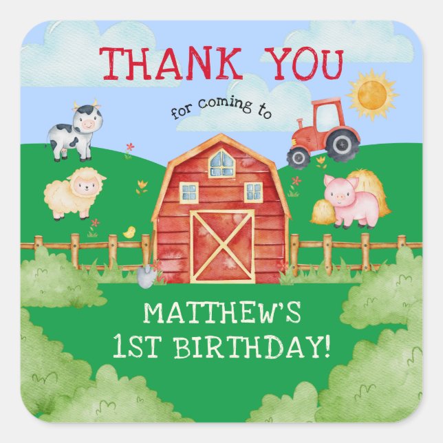 Cute Kid's Farm/Barn Yard Birthday Thank You Square Sticker (Front)