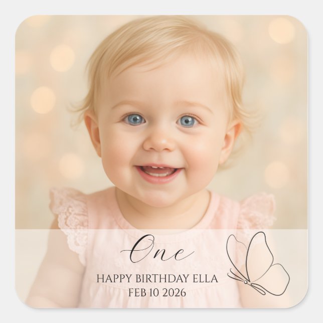 Cute Kid's First Birthday Party With Custom Photo Square Sticker (Front)