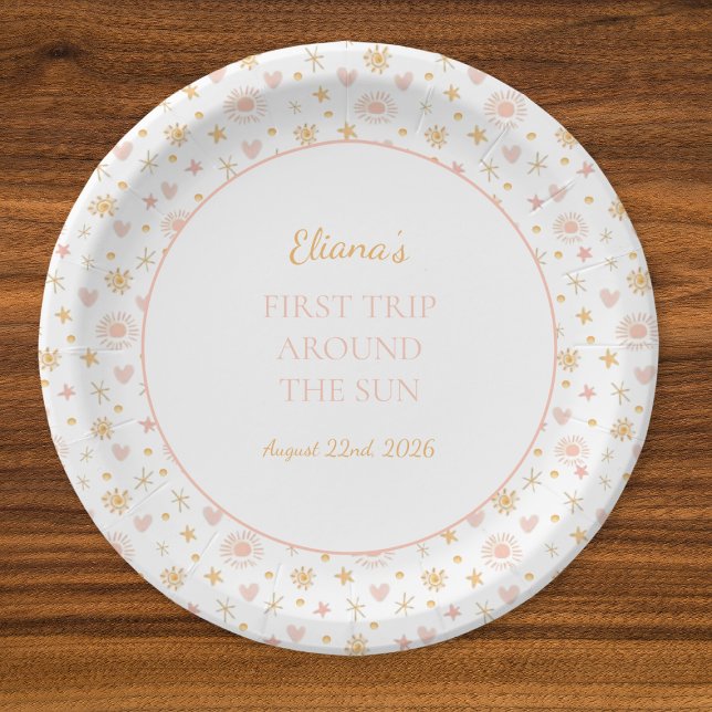 Cute Kids "First Trip Around the Sun" Birthday Paper Plate (Celebrate the first trip around the sun with these cheerful, sunshine-themed birthday party plates!)