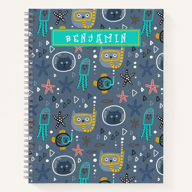 Cute Kids Fish Cats Starfish Jellyfish Undersea Notebook (Front)
