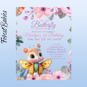 Cute Kids Floral Butterfly baby girl 1st Birthday Postcard