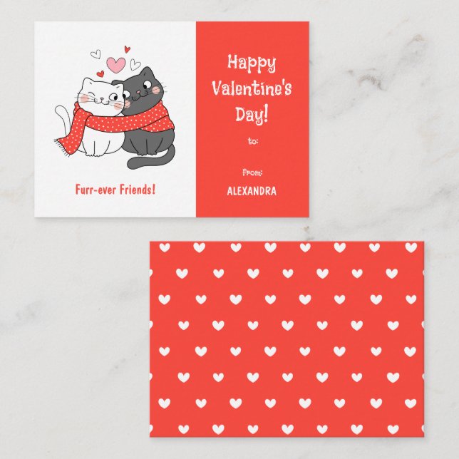 Cute Kids Forever Friends Cat Valentines Day Red Card (Front/Back)