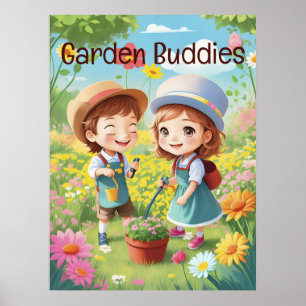 Cute Kids Gardening Fun &  Enjoyment AI Generative Poster
