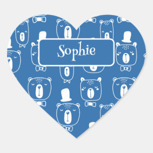 Cute Kids Gentleman Bear in Hat Blue Heart Sticker