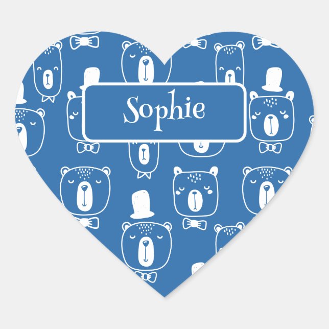 Cute Kids Gentleman Bear in Hat Blue Heart Sticker (Front)