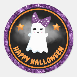 Cute Kids Girl Ghost & Purple Glitter Halloween Classic Round Sticker