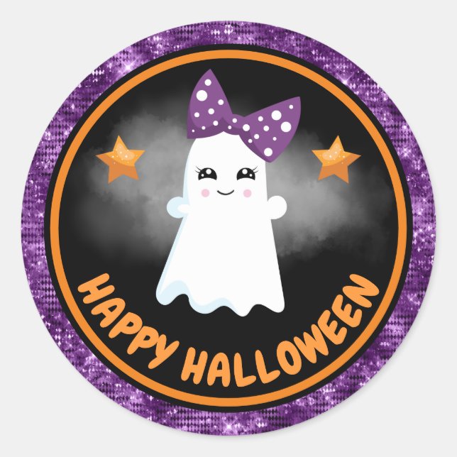 Cute Kids Girl Ghost & Purple Glitter Halloween Classic Round Sticker (Front)