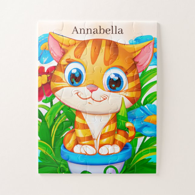 cute kids girls cat lovers add name jigsaw puzzle (Vertical)