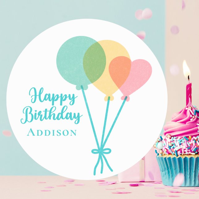 Cute Kids Girls Rainbow Balloons Happy Birthday  Classic Round Sticker (Creator Uploaded)