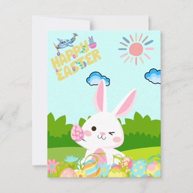 Cute Kids Green Nature Bunny Egg Happy Easter Holiday Card (Front)