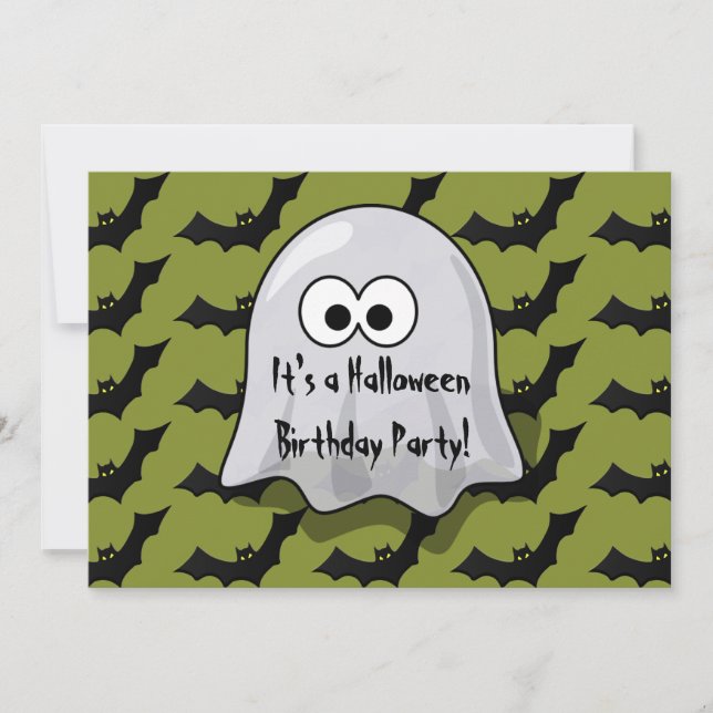 Cute Kids Halloween Birthday Party Ghost and Bats Invitation (Front)