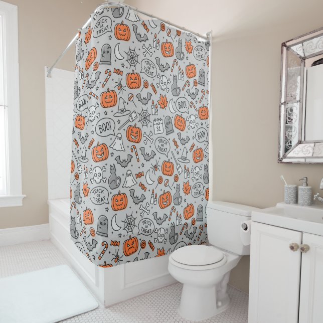 Cute Kids Halloween Doodle Pattern Shower Curtain (In Situ)
