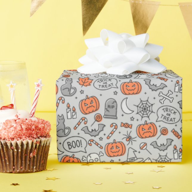 Cute Kids Halloween Doodle Pattern Wrapping Paper (Birthday Party)