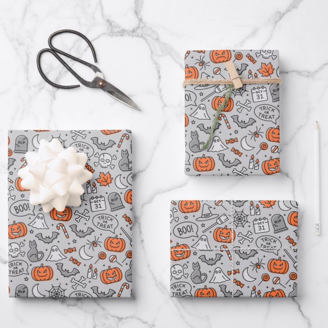 Cute Kids Halloween Doodle Pattern Wrapping Paper Sheet (Front)