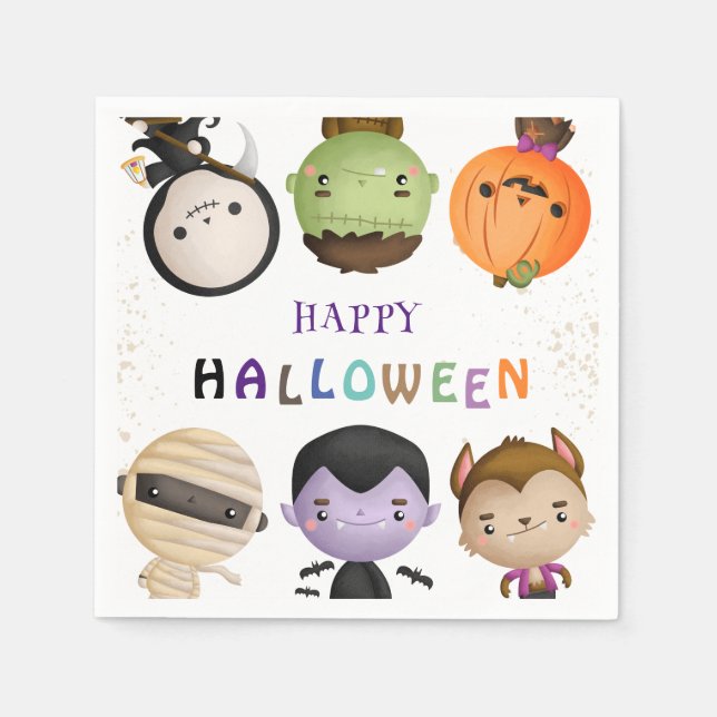 Cute Kids Halloween Party Watercolor Spooky Napkin (Front)