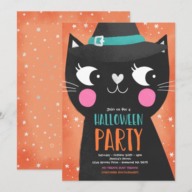 Cute Kids Halloween Party Witches Cat Spooky Invitation (Front/Back)