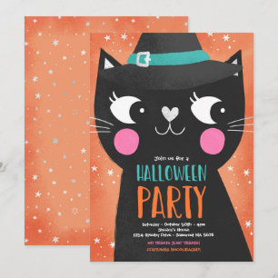 Cute Kids Halloween Party Witches Cat Spooky Invitation