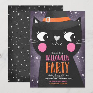Cute Kids Halloween Party Witches Cat Spooky Invitation