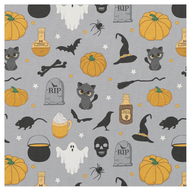 Cute Kids Halloween Patterned Grey Fabric (Close Up)