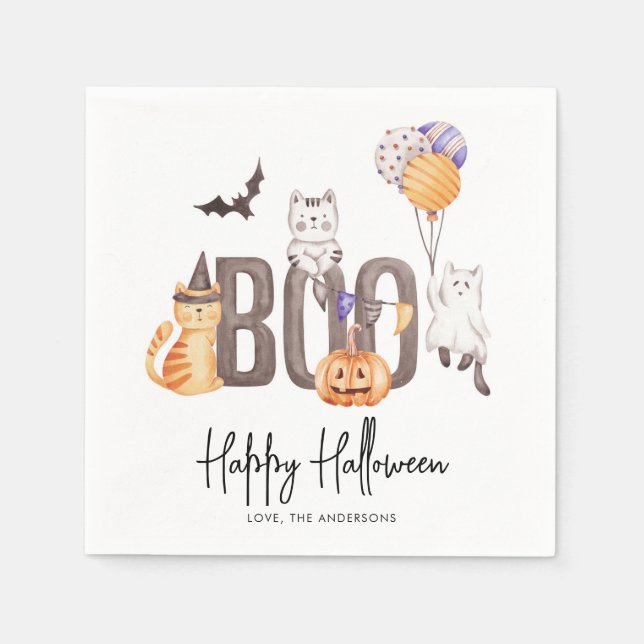 Cute Kid's Happy Halloween Cats Ghosts Pumpkin Boo Napkin (Front)