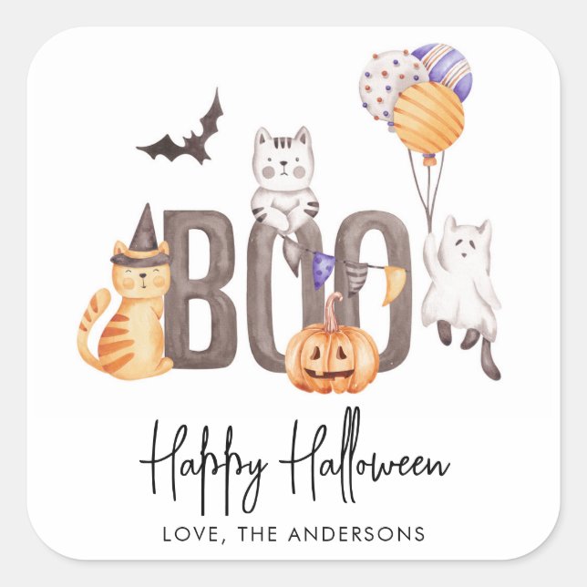 Cute Kid's Happy Halloween Cats Ghosts Pumpkin Boo Square Sticker (Front)