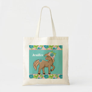 Cute kids horse lovers add name tote bag