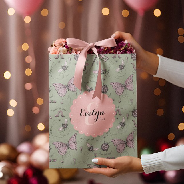 Cute Kids Insect Butterfly Dragonfly Girl Monogram Medium Gift Bag (Custom Name & Monogram hand-drawn girly insects. Ideal for Baby Showers, Birthdays, New Baby, Favors)
