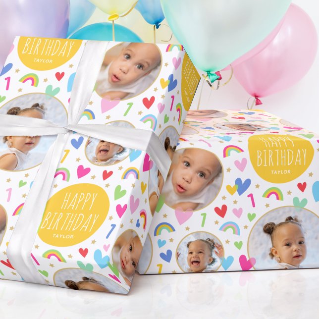 Cute Kids Ist Birthday Rainbow Photo Hearts Yellow Wrapping Paper (Creator Uploaded)