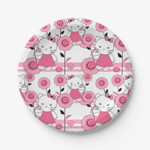 Cute kids kitten cat pink white print paper plate