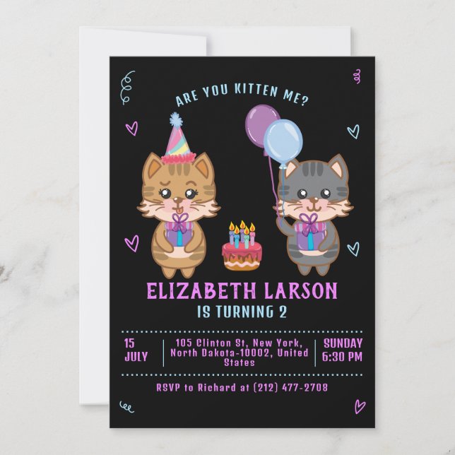 Cute Kids Kitty Girl  Funny Cat Kitten Birthday Invitation (Front)