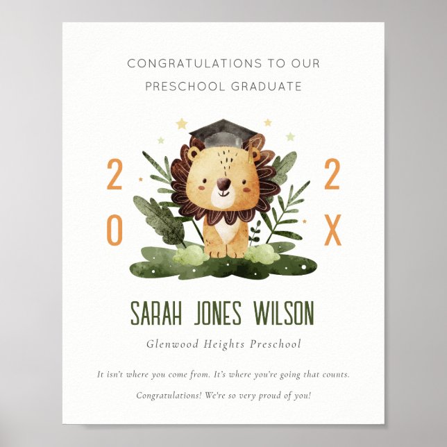 Cute Kids Lion Foliage Custom Preschool Graduation Poster (Front)