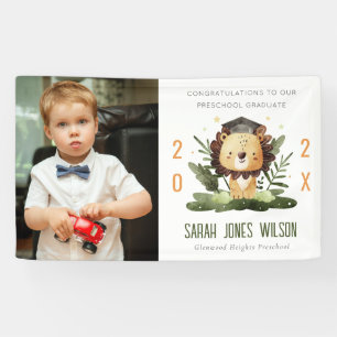 Cute Kids Lion Foliage Photo Preschool Graduation Banner