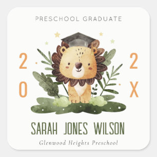 Cute Kids Lion Foliage Preschool Graduation Party Square Sticker