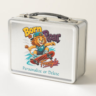 Cute Kids Lion on Skateboard Trendy Personalised Metal Lunch Box