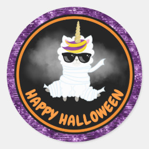Cute Kids Llama & Purple Glitter Happy Halloween Classic Round Sticker