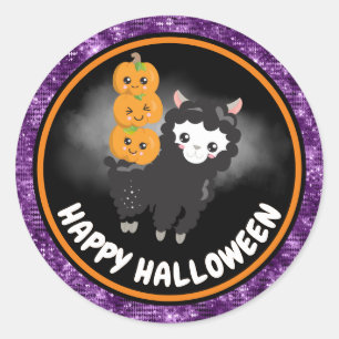 Cute Kids Llama & Purple Glitter Happy Halloween Classic Round Sticker