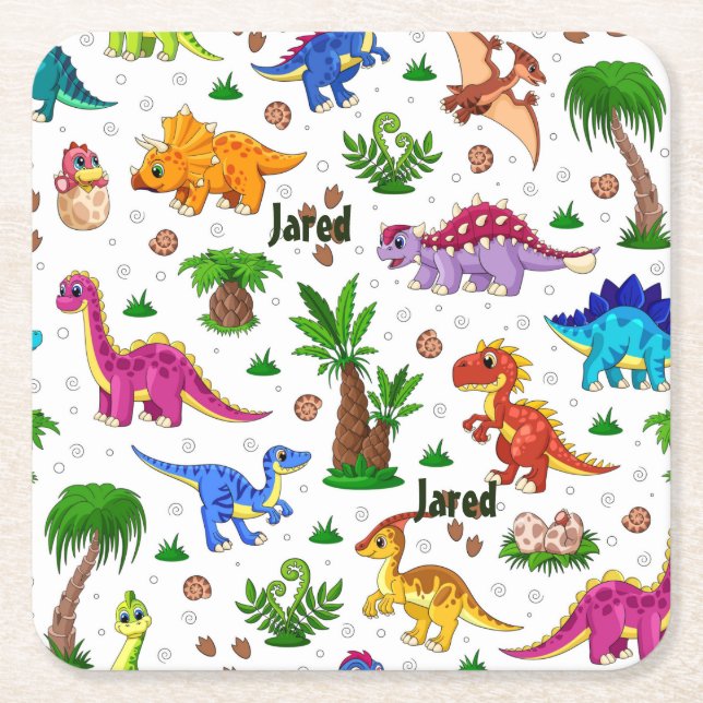 Cute Kids Name Seamless Pattern Dinosaur Square Paper Coaster (Front)