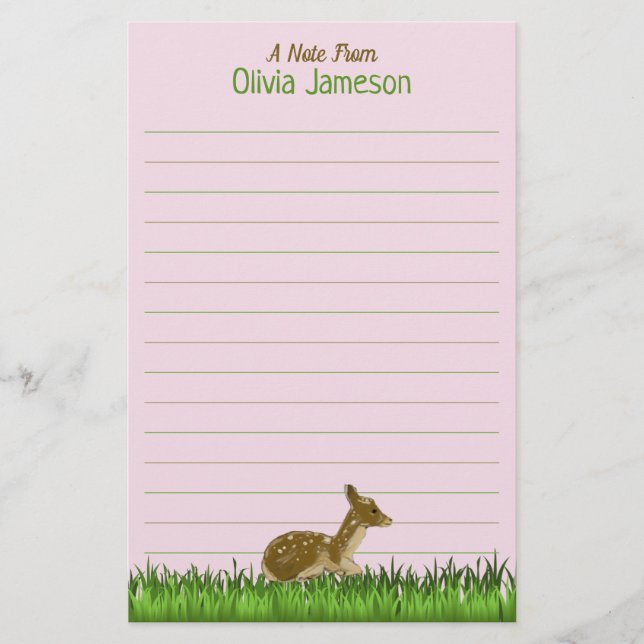Cute Kid's Name Woodland Animal Lined Stationery (Front)