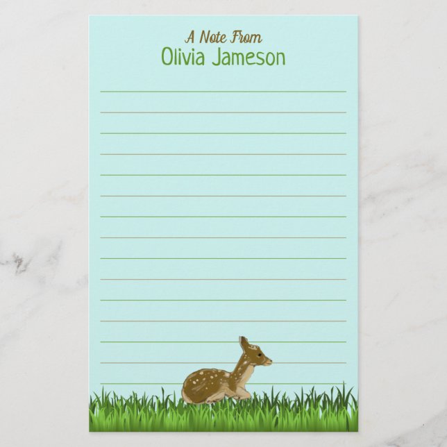 Cute Kid's Name Woodland Animal Lined Stationery (Front)