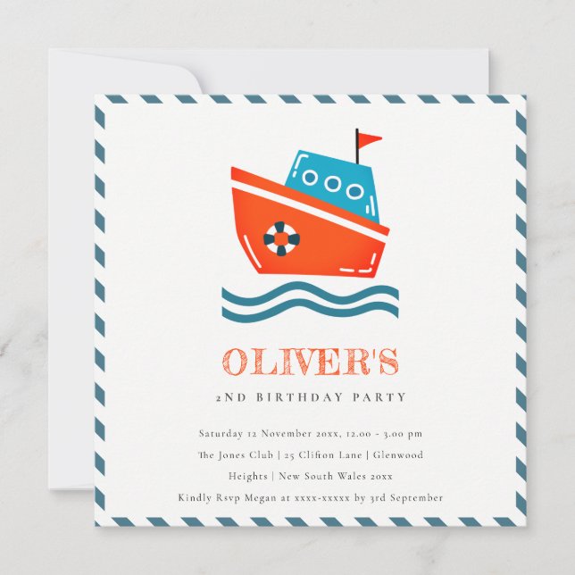 Cute Kids Nautical Boat Any Age Birthday Invite (Front)