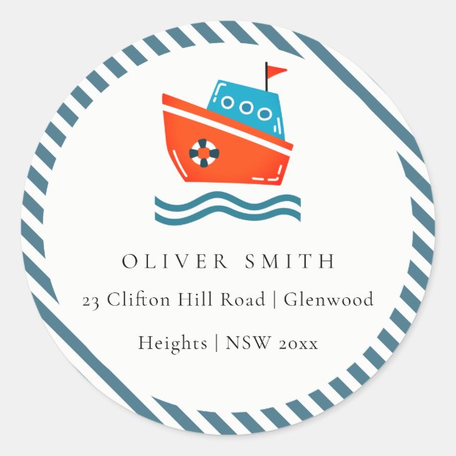 Cute Kids Nautical Boat Ocean Waves Address Classic Round Sticker (Front)