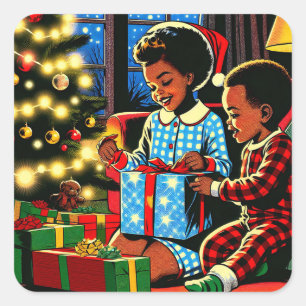Cute Kids on Christmas Morning Holiday Square Sticker