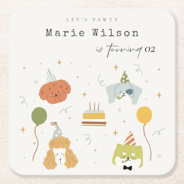 Cute Kids Pawty Puppy Dogs Any Age Birthday Square Paper Coaster (Front)