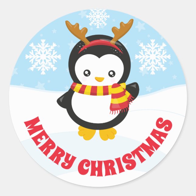 Cute Kids Penguin in Antlers Merry Christmas Classic Round Sticker (Front)