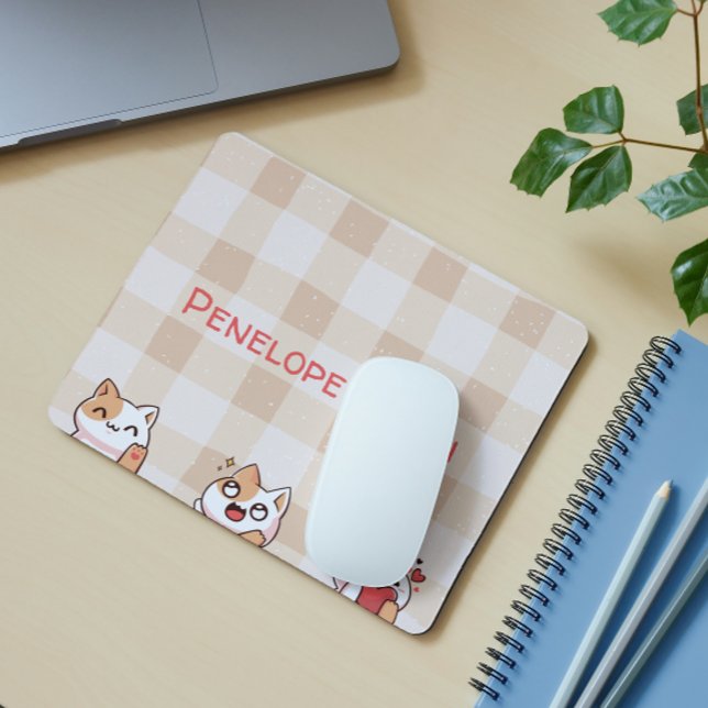 Cute Kids Personalizable Name Manga Cartoon Cat Mouse Mat (Creator Uploaded)