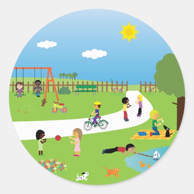 Cute Kids & Pets Playing In The Park Stickers (Front)