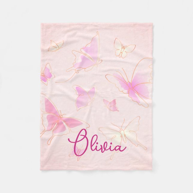 Cute Kids Pink Butterfly Personalised Blanket (Front)