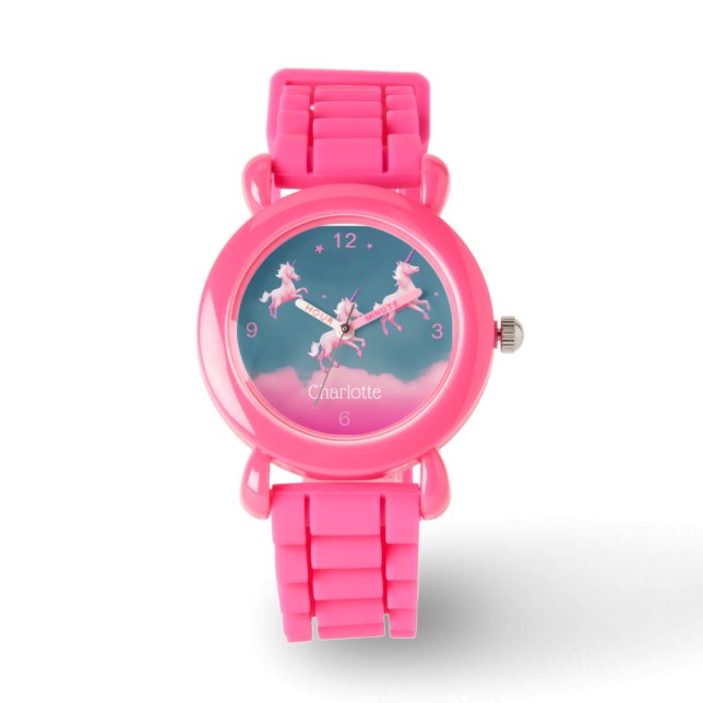 Cute Kids Pink Glitter Strap Unicorn Family Flying Watch (Front)