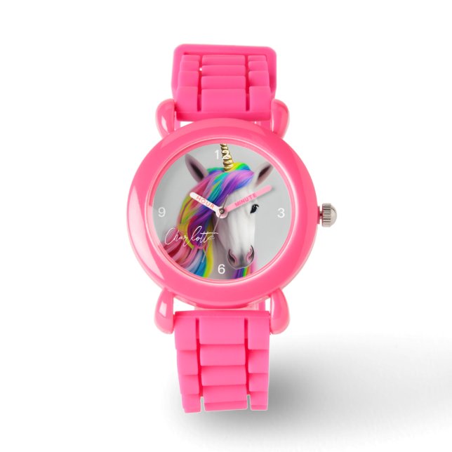 Cute Kids Pink Glitter Strap Unicorn Family Flying Watch (Front)