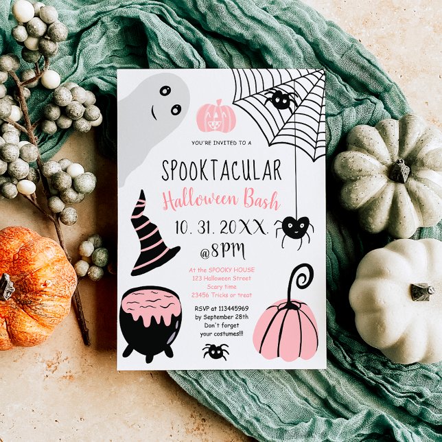Cute kids pink Halloween illustrations party Invitation (Cute kids pink Halloween illustrations party Invitation)
